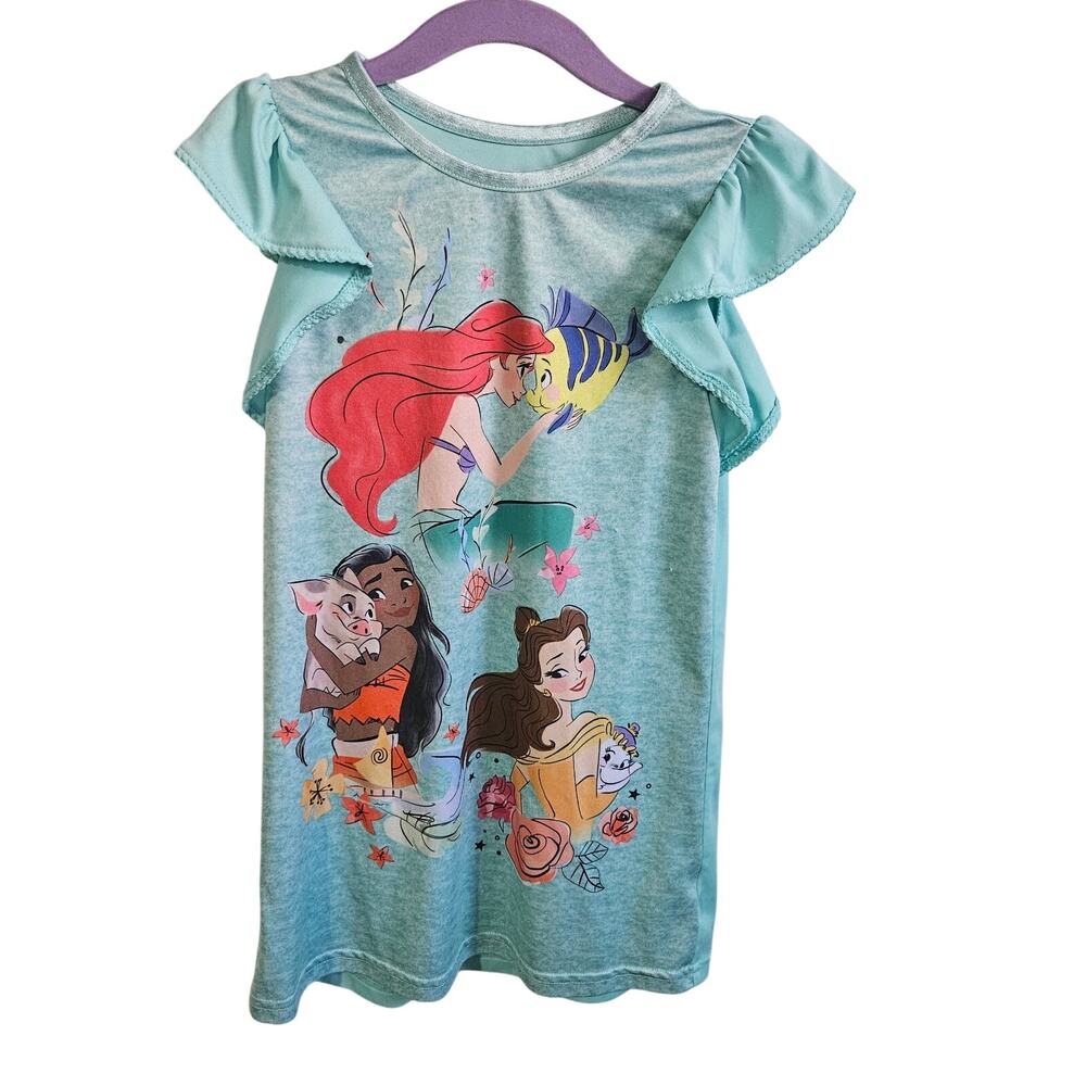 Disney Size 5T Nightgown Pajama Dress Light Blue Princess Belle Ariel Moana - Picture 1 of 6
